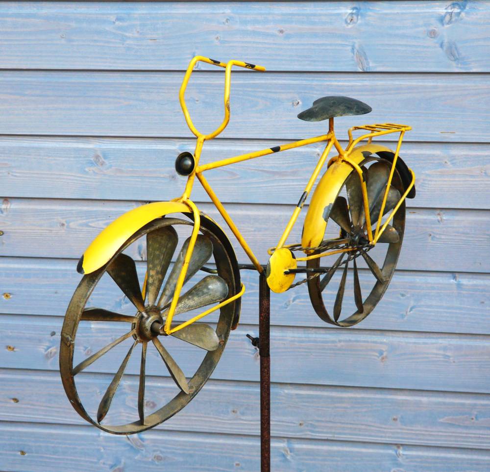 Windrad Gartenstecker Windspiel Fahrrad gelb Metall